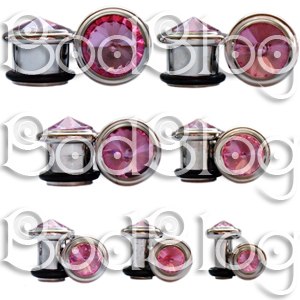 Surgical Steel Single Flared Plugs with Pink Gems